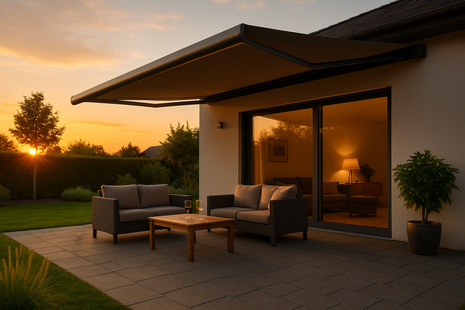 Romantischer Sonnenuntergang auf Terrasse mit Markise