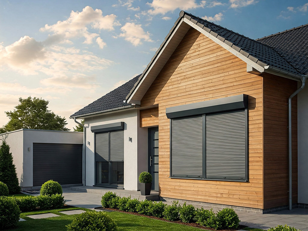Rollladen Haus mit großen Panoramafenstern mit Rollladen