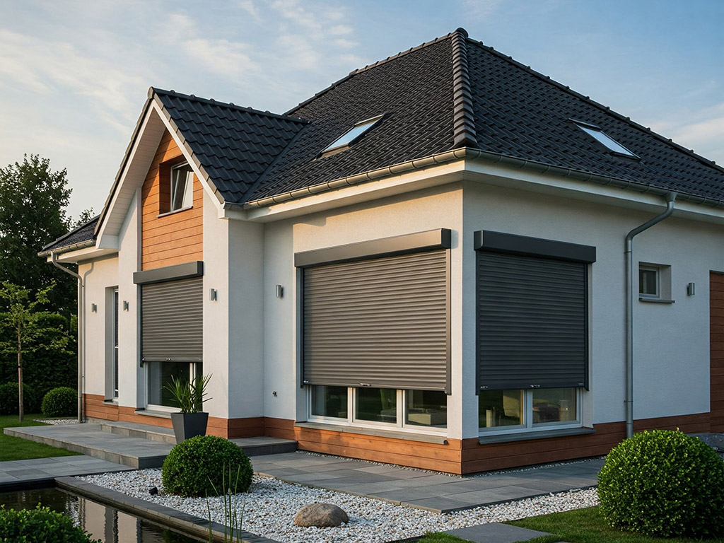 Haus mit großen Panoramafenstern mit Rollladen