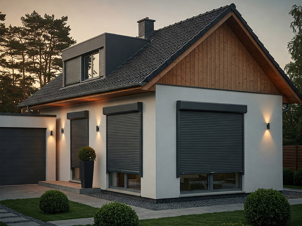 Haus mit großen Panoramafenstern mit Rollladen