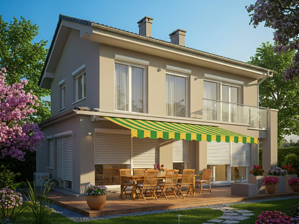 Zweistöckiges Haus mit Rollladen und Markise.