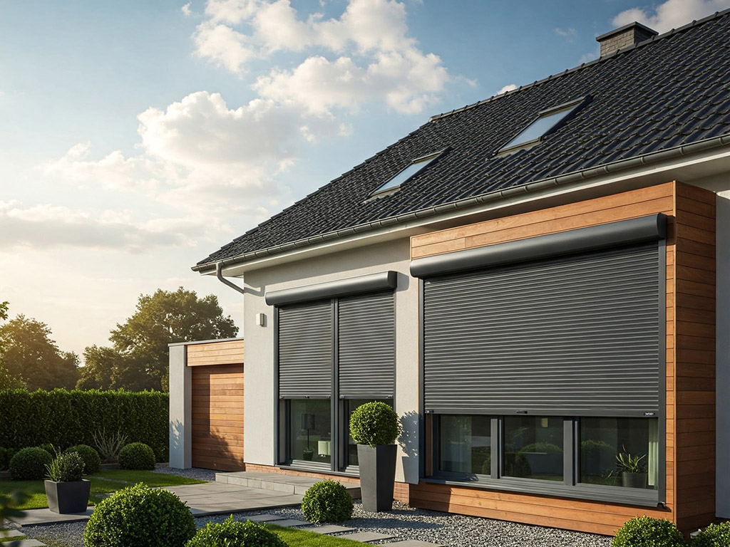 Haus mit großen Panoramafenstern mit Rollladen