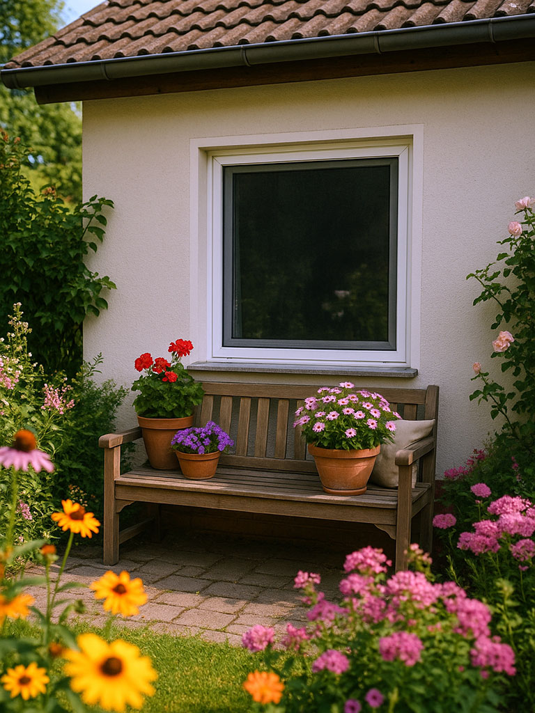 Hauswand mit Insektenschutz-Spannrahmen im Fenster