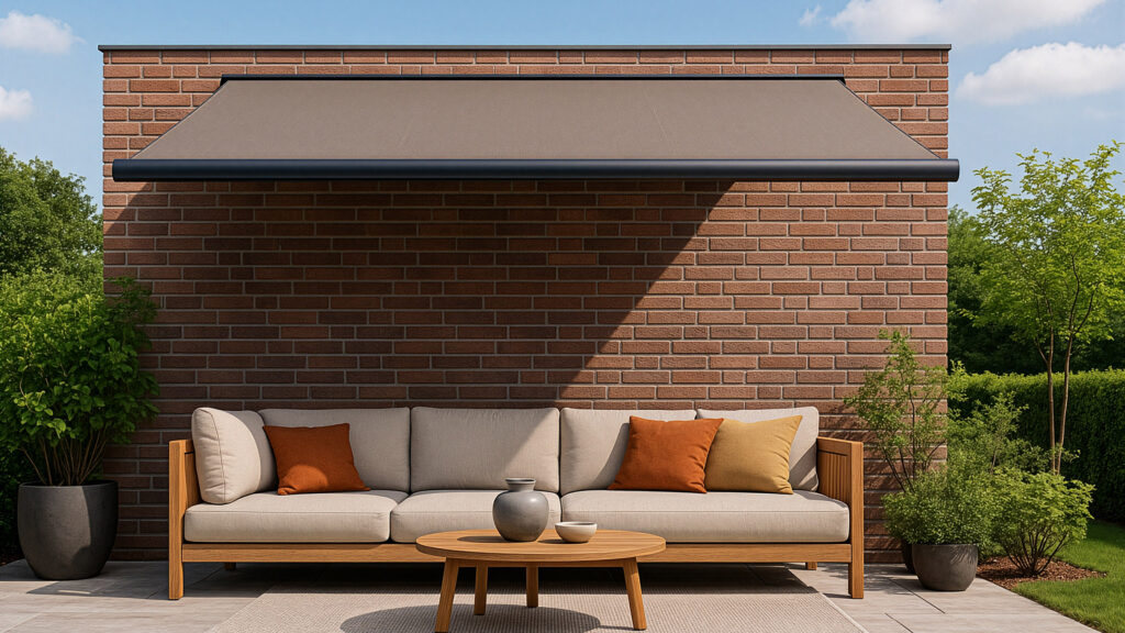 Gartensofa vor einer Wand mit aufgespannter Markise