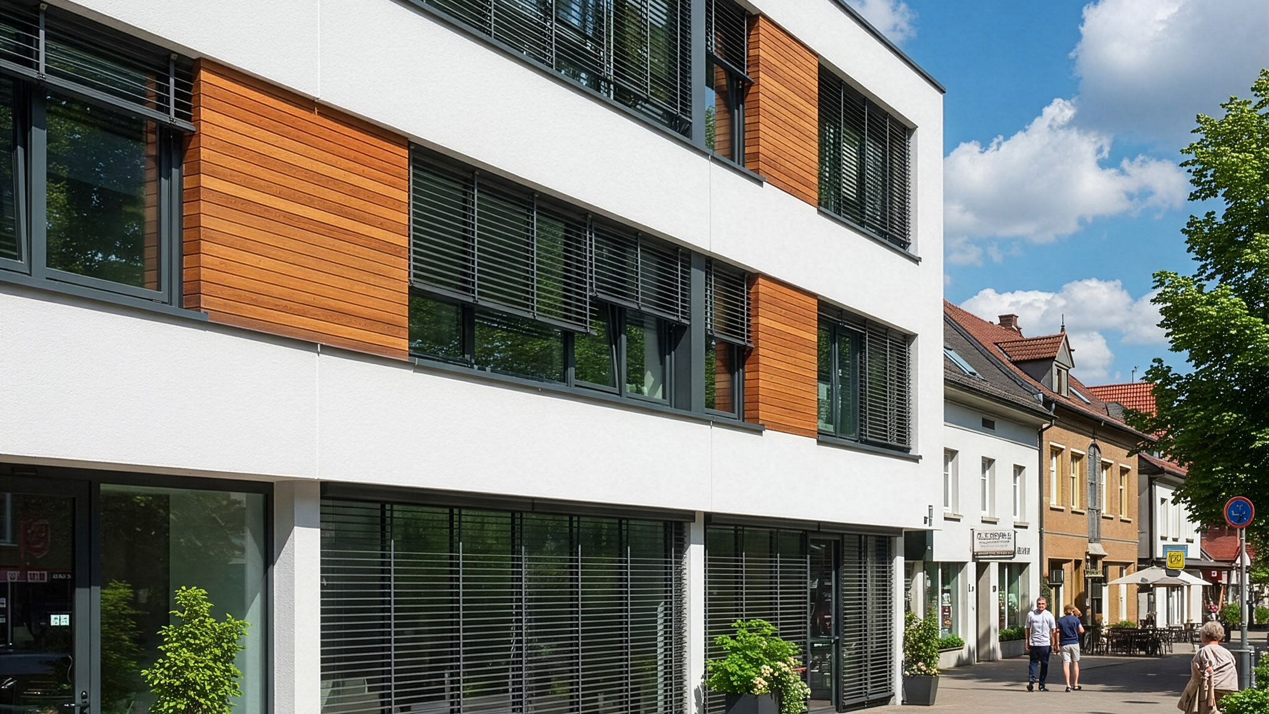 mehrstöckige Hausfassade mit Raffstoren in einer Fußgängerpassage