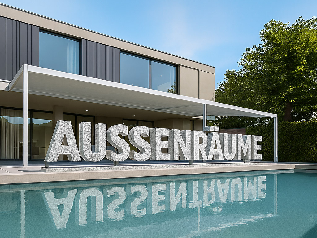 Haus mit Pergola und dem Schriftzug Aussenräume vor einem Pool