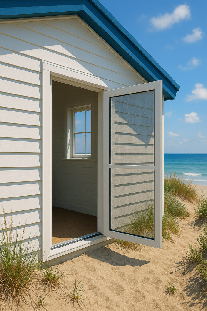 Strandhaus mit Insektenschutz-Pendeltür