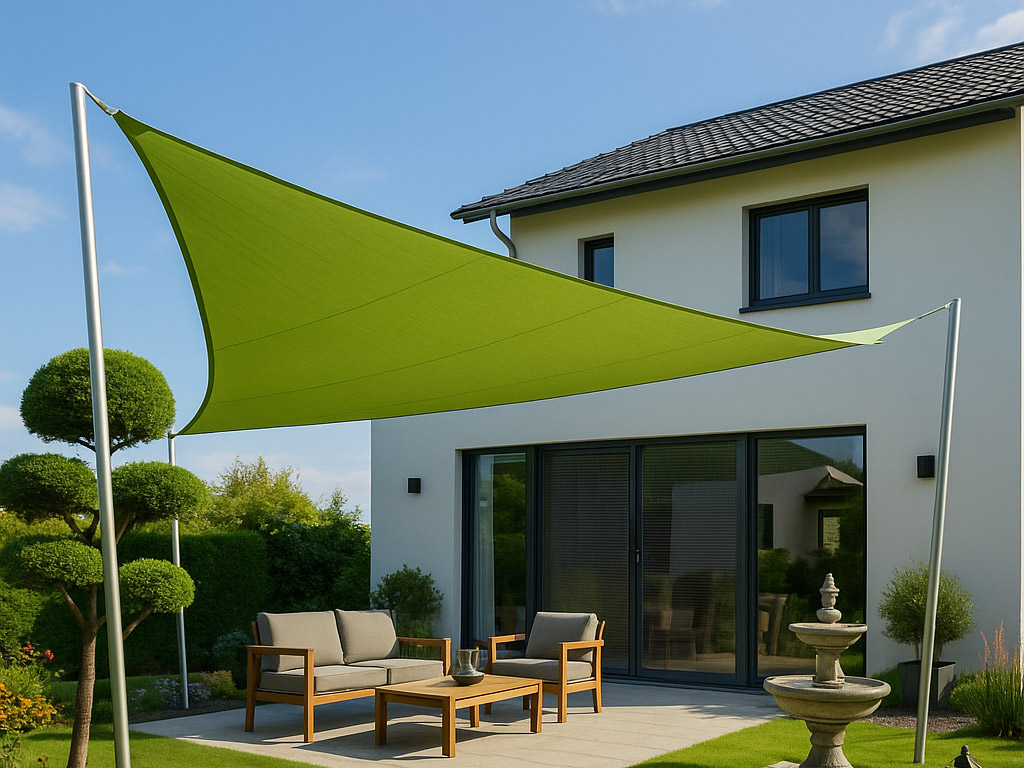 grünes Sonnensegel über einer Terrasse